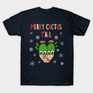 Merry Cactus Y'all - Cacti Couple In Christmas Candy Cane Bowl T-Shirt